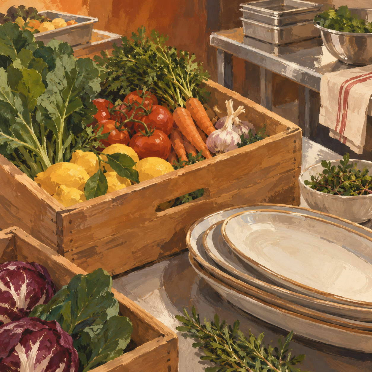 Illustration of catering preparation studio: ingredient crates, nested serving platters, stainless preparation tables