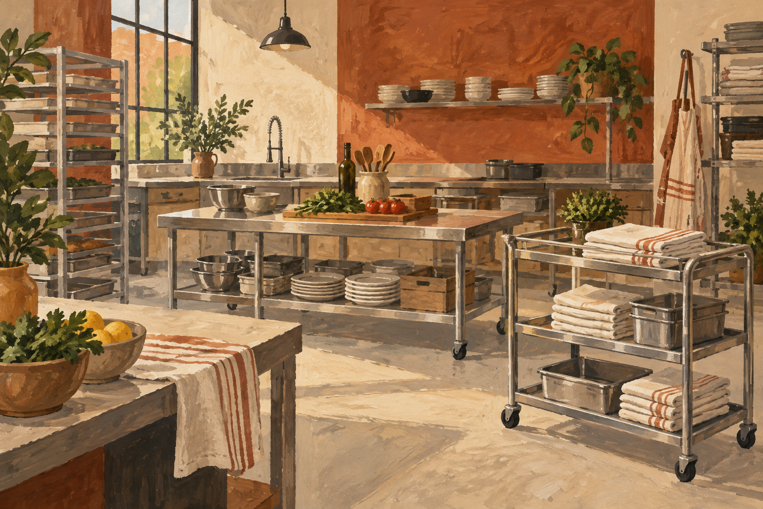 Illustration of catering preparation studio: stainless preparation tables, linen bundles, a wheeled service trolley