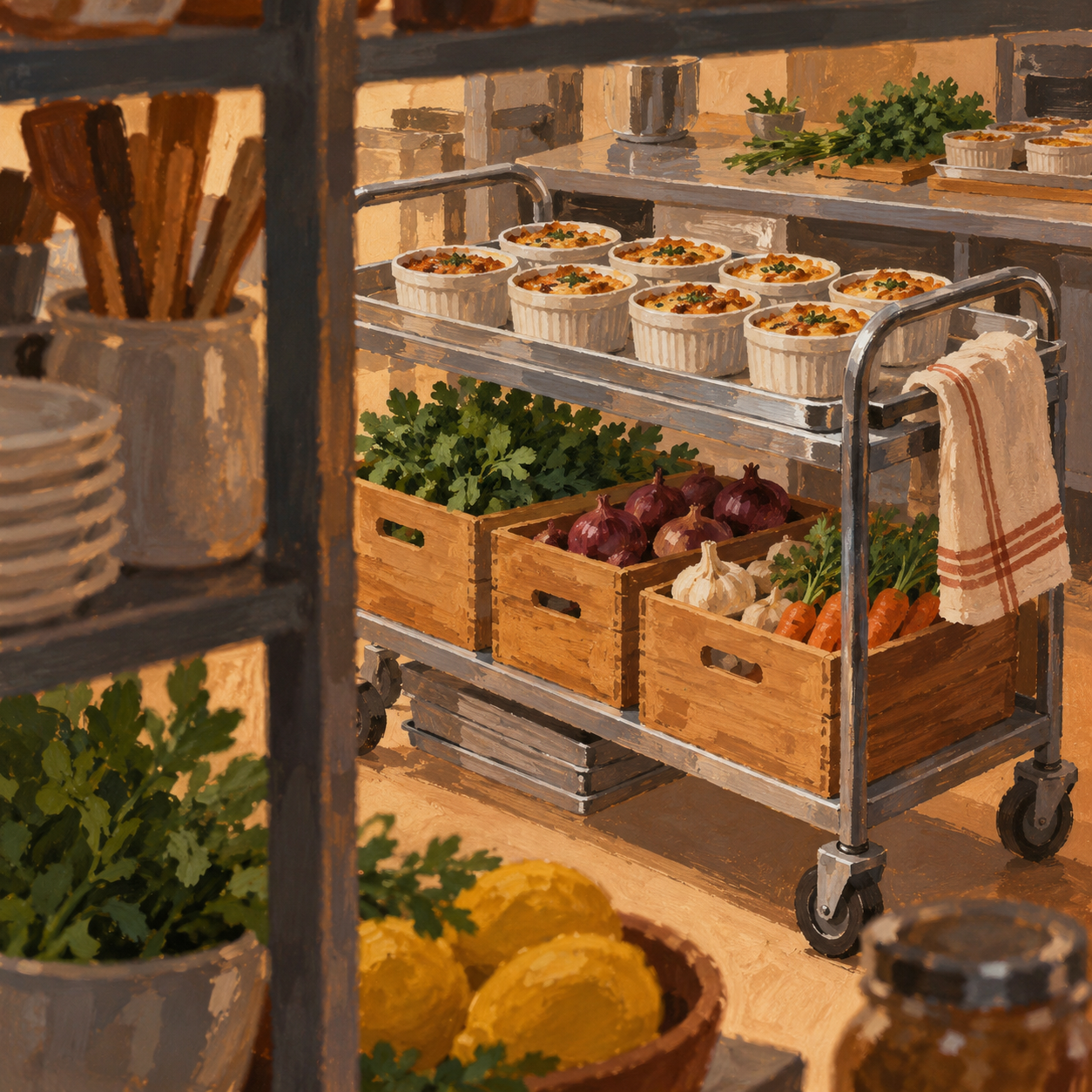 Illustration of catering preparation studio: a wheeled service trolley, ceramic ramekins, ingredient crates